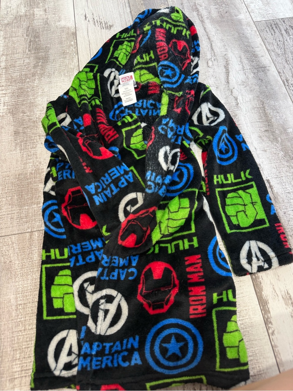 Avenger Black Hooded Kids Robe with Red, Blue, Green and White Superhero Icons